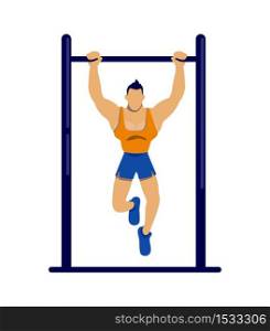 Athlete exercising on bar flat color vector faceless character. Sportsman doing pull ups. Muscular man exercising. Physical wellbeing isolated cartoon illustration for web graphic design and animation. Athlete exercising on bar flat color vector faceless character