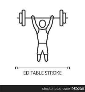 Athlete of short stature linear icon. Weightlifting competition. Sportsmen with disability. Thin line customizable illustration. Contour symbol. Vector isolated outline drawing. Editable stroke. Athlete of short stature linear icon