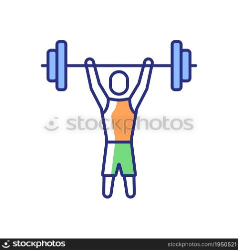 Athlete of short stature RGB color icon. Adaptive sport. Weightlifting competition. Powerlifting training. Sportsmen with disability. Isolated vector illustration. Simple filled line drawing. Athlete of short stature RGB color icon