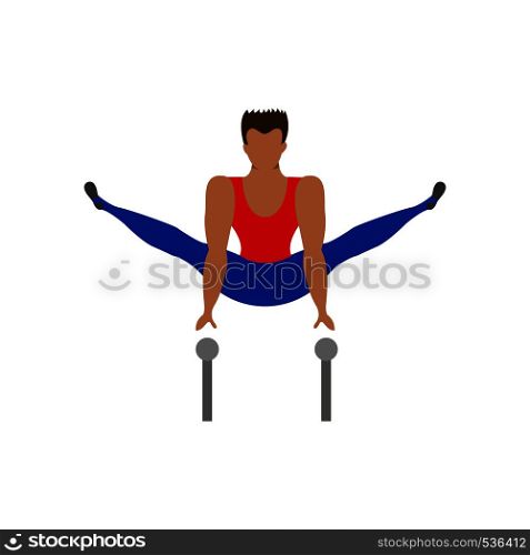 Athlete performing difficult exercise on gymnastic parallel. Flat vector illustration.