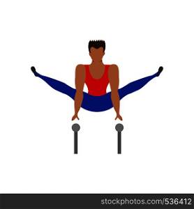 Athlete performing difficult exercise on gymnastic parallel. Flat vector illustration.