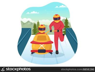 Athlete Riding Sled Bobsleigh Illustration with Snow, Ice and Bobsled Track for Competition in Winter Sport Activity Flat Cartoon Hand Drawn Templates