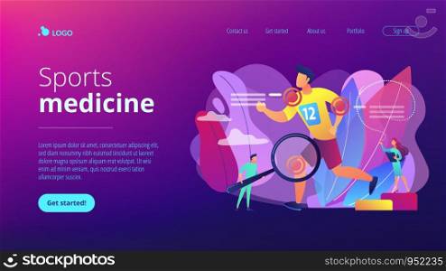 Athlete running and tiny people physicians treating injuries. Sports medicine, sports medical services, sports physician specialist concept. Website vibrant violet landing web page template.. Sports medicine concept landing page.