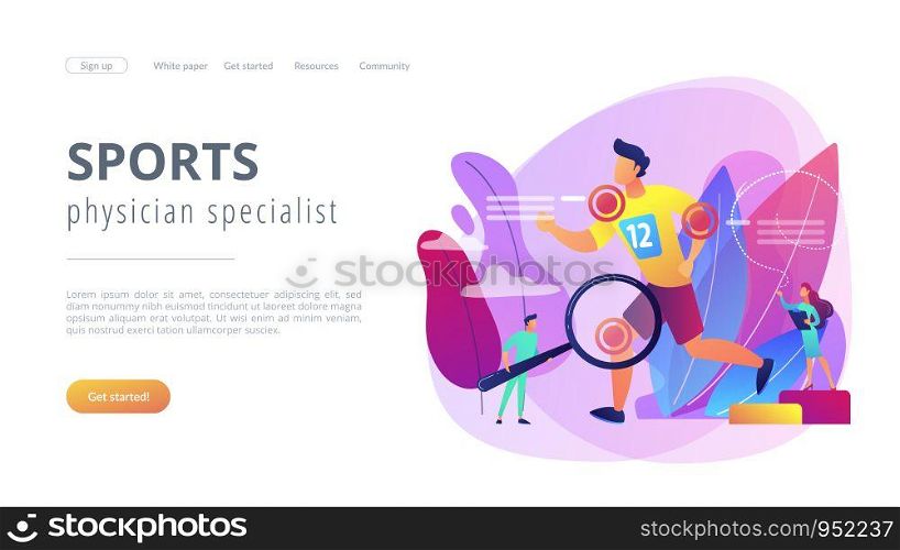 Athlete running and tiny people physicians treating injuries. Sports medicine, sports medical services, sports physician specialist concept. Website vibrant violet landing web page template.. Sports medicine concept landing page.