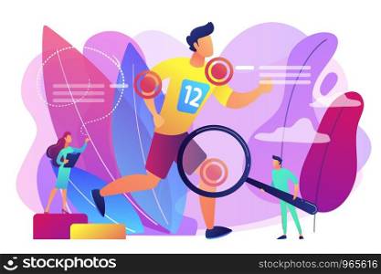 Athlete running and tiny people physicians treating injuries. Sports medicine, sports medical services, sports physician specialist concept. Bright vibrant violet vector isolated illustration. Sports medicine concept vector illustration.