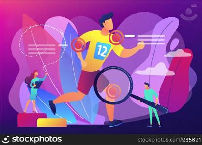 Athlete running and tiny people physicians treating injuries. Sports medicine, sports medical services, sports physician specialist concept. Bright vibrant violet vector isolated illustration. Sports medicine concept vector illustration.