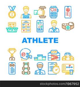 Athlete Sport Equipment And Award Icons Set Vector. Rugby Player Athlete Protective Helmet And Sportive Bag, Fitness Bracelet Gadget And Exercise Description Smartphone App Line. Color Illustrations. Athlete Sport Equipment And Award Icons Set Vector