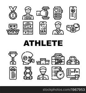 Athlete Sport Equipment And Award Icons Set Vector. Rugby Player Athlete Protective Helmet And Sportive Bag, Fitness Bracelet Gadget And Exercise Description Smartphone App Contour Illustrations. Athlete Sport Equipment And Award Icons Set Vector