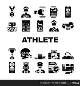 Athlete Sport Equipment And Award Icons Set Vector. Rugby Player Athlete Protective Helmet And Sportive Bag, Fitness Bracelet Gadget And Exercise Description App Glyph Pictograms Black Illustrations. Athlete Sport Equipment And Award Icons Set Vector