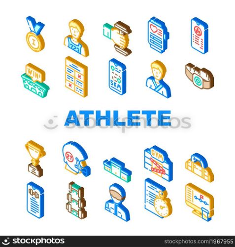 Athlete Sport Equipment And Award Icons Set Vector. Rugby Player Athlete Protective Helmet And Sportive Bag, Fitness Bracelet Gadget Description Smartphone App Isometric Sign Color Illustrations. Athlete Sport Equipment And Award Icons Set Vector