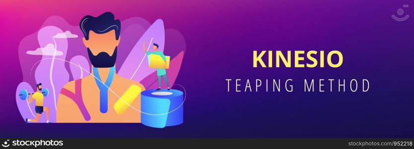 Athlete weightlifting and using kinesiology tape, therapist, tiny people. Kinesiology taping, kinesio taping method, physiotherapy treatment concept. Header or footer banner template with copy space.. Kinesiology taping concept banner header.