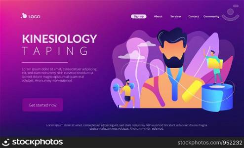 Athlete weightlifting and using kinesiology tape, therapist, tiny people. Kinesiology taping, kinesio taping method, physiotherapy treatment concept. Website vibrant violet landing web page template.. Kinesiology taping concept landing page.
