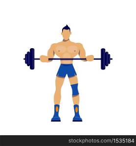 Athlete with barbell flat color vector faceless character. Sportsman doing workout. Muscular man with fit body. Weight lifting isolated cartoon illustration for web graphic design and animation. Athlete with barbell flat color vector faceless character