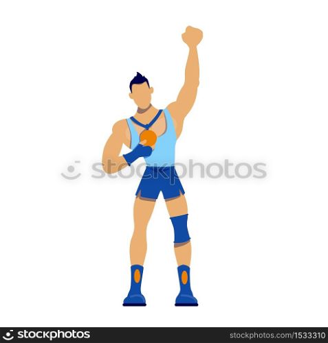Athlete with gold medal flat color vector faceless character. Sportsman won competition. Muscular man. Weightlifting champion isolated cartoon illustration for web graphic design and animation. Athlete with gold medal flat color vector faceless character