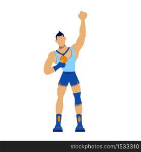 Athlete with gold medal flat color vector faceless character. Sportsman won competition. Muscular man. Weightlifting champion isolated cartoon illustration for web graphic design and animation. Athlete with gold medal flat color vector faceless character
