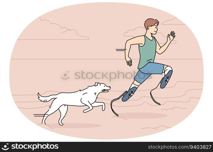 Athlete with prostheses running with dog on beach. Man with prosthetic legs training jogging with pet outdoors. Sport and disability. Vector illustration.. Athlete with prosthetic legs running with dog