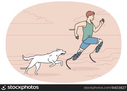 Athlete with prostheses running with dog on beach. Man with prosthetic legs training jogging with pet outdoors. Sport and disability. Vector illustration.. Athlete with prosthetic legs running with dog
