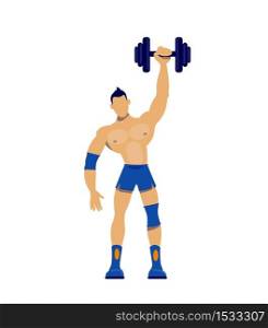 Athlete with sport equipment flat color vector faceless character. Sportsman doing workout. Muscular man with fit body. Weightlifting isolated cartoon illustration for web graphic design and animation. Athlete with sport equipment flat color vector faceless character