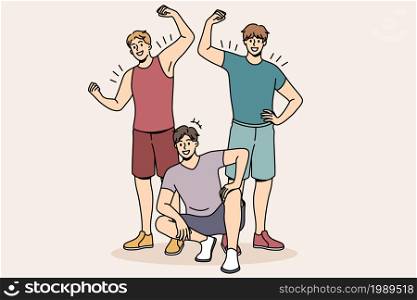 Athletes and sport lifestyle concept. group of young smiling strong men standing sitting showing biceps after workout vector illustration . Athletes and sport lifestyle concept.