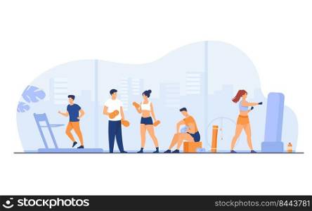 Athletes doing fitness exercise in gym with panoramic windows isolated flat vector illustration. Cartoon people cardio training and weight lifting. Sport activity and lifestyle concept