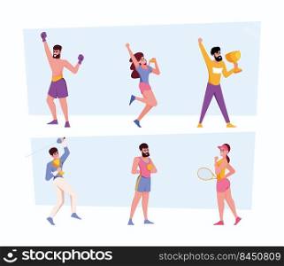 Athletes. Happy sport winners boxers runners football and volleyball players garish vector people athletes. Illustration of winner happy boxer, boxing athlete. Athletes. Happy sport winners boxers runners football and volleyball players garish vector people athletes