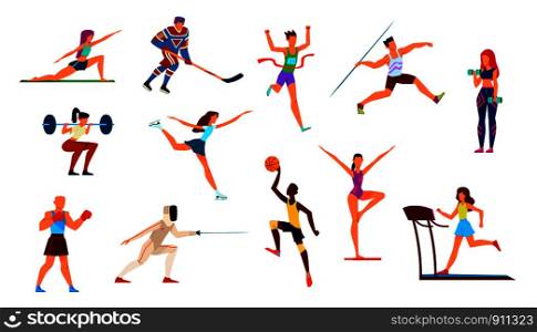 Athletes set. Gymnast and runner, boxer and figure skater, basketball player and hockey player. Fitness, cartoon vector gymnastics playing boxing performance sportsman. Athletes set. Gymnast and runner, boxer and figure skater, basketball player and hockey player. Fitness, cartoon vector sportsman