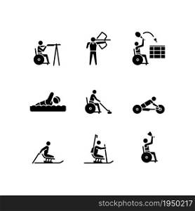 Athletes with disabilities black glyph icons set on white space. Sport games with equipment. Adaptive tournaments. People with disability. Silhouette symbols. Vector isolated illustration. Athletes with disabilities black glyph icons set on white space