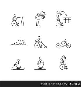 Athletes with disabilities linear icons set. Adaptive sport tournaments. People with disability. Customizable thin line contour symbols. Isolated vector outline illustrations. Editable stroke. Athletes with disabilities linear icons set