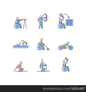 Athletes with disabilities RGB color icons set. Sport games with equipment. Adaptive tournaments. People with disability. Isolated vector illustrations. Simple filled line drawings collection. Athletes with disabilities RGB color icons set