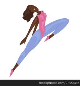 Athletic African woman in a tracksuit. Jumping dancing figure. Sport lifestyle and self love. Vector cartoon illustration for banners, postcards and your creativity. Athletic African woman in a tracksuit. Jumping dancing figure. Sport lifestyle and self love. Vector cartoon illustration