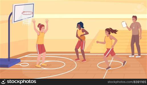 Athletic club in school flat color vector illustration. Sporty girls playing basketball together. High school sports activities. Fully editable 2D simple cartoon characters with gym on background. Athletic club in school flat color vector illustration