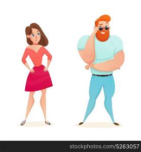 Athletic Macho Flirting With Young Girl . Cartoon figurines of athletic muscular macho flirting with young girl flat isolated vector illustration