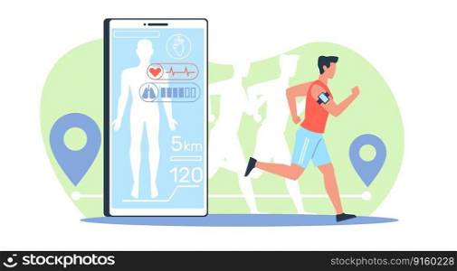 Athletic male athlete runs using an app on modern cell phone. Smartphone fitness application. Man with pulse tracker. Cartoon flat style isolated illustration. Vector healthy active lifestyle concept. Athletic male athlete runs using an app on modern cell phone. Smartphone fitness application. Man with pulse tracker. Cartoon flat illustration. Vector healthy active lifestyle concept