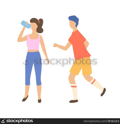 Athletic man and woman character, running man and drinking woman in sportswear, portrait and side view of sporty people, healthy activity, runner vector. Runners in Sportswear, Healthy Activity Vector