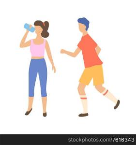 Athletic man and woman character, running man and drinking woman in sportswear, portrait and side view of sporty people, healthy activity, runner vector. Runners in Sportswear, Healthy Activity Vector