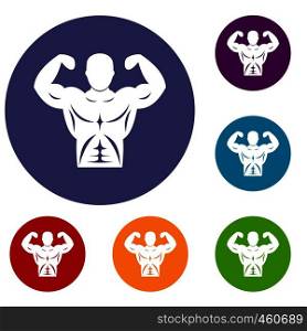 Athletic man torso icons set in flat circle reb, blue and green color for web. Athletic man torso icons set
