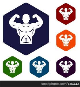 Athletic man torso icons set rhombus in different colors isolated on white background. Athletic man torso icons set