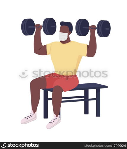 Athletic man with dumbbells semi flat color vector character. Sitting figure. Full body person on white. Strength training isolated modern cartoon style illustration for graphic design and animation. Athletic man with dumbbells semi flat color vector character