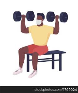 Athletic man with dumbbells semi flat color vector character. Sitting figure. Full body person on white. Strength training isolated modern cartoon style illustration for graphic design and animation. Athletic man with dumbbells semi flat color vector character