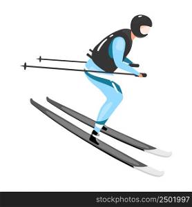 Athletic man with skis riding through snow semi flat color vector character. Posing figure. Full body person on white. Simple cartoon style illustration for web graphic design and animation. Athletic man with skis riding through snow semi flat color vector character