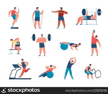 Athletic men training at gym, exercising with sport equipment. Male characters doing cardio exercises, lifting weights, workout vector set. Guys with muscles having physical exercises. Athletic men training at gym, exercising with sport equipment. Male characters doing cardio exercises, lifting weights, workout vector set