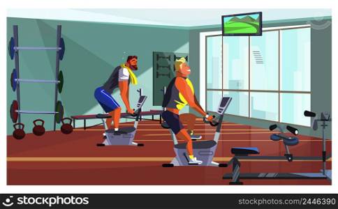 Athletic men training on fitness equipment vector illustration. Sporty guys spinning on bike in gym. Lifestyle concept