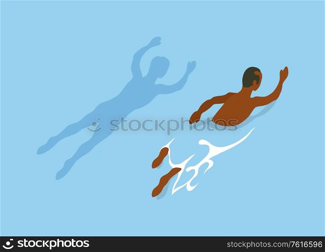 Athletic person on summer rest, enjoying summertime activities, butterfly swim, diving guy under water. Vector afro-american man swimming in water, back view. Athletic Person Summer Rest, Summertime Activities
