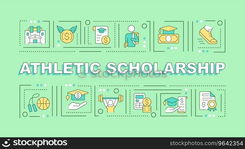 Athletic scholarship text with various thin line icons concept on green monochromatic background, editable 2D vector illustration.. 2D athletic scholarship text with multicolor thin line icons