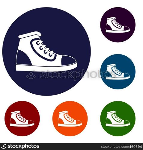 Athletic shoe icons set in flat circle reb, blue and green color for web. Athletic shoe icons set