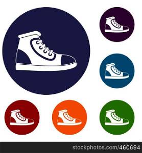Athletic shoe icons set in flat circle reb, blue and green color for web. Athletic shoe icons set