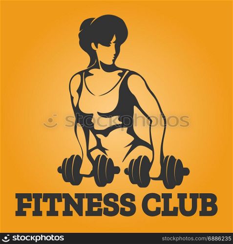 Athletic woman exercises with dumbbell. Fitness club design element. Vector illustration.