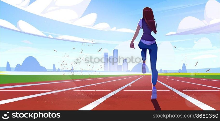 Athletic woman run on stadium, sport workout, fit girl rear view running on cityscape background. Female character fitness, jogging exercise or marathon, outdoor training, Cartoon vector illustration. Athletic woman run on stadium, sport workout.