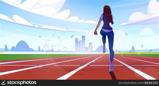 Athletic woman run on stadium, sport workout, fit girl rear view running on cityscape background. Female character fitness, jogging exercise or marathon, outdoor training, Cartoon vector illustration. Athletic woman run on stadium, sport workout.