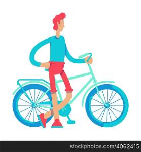 Athletic young man standing near bicycle semi flat color vector character. Posing figure. Full body person on white. Simple cartoon style illustration for web graphic design and animation. Athletic young man standing near bicycle semi flat color vector character